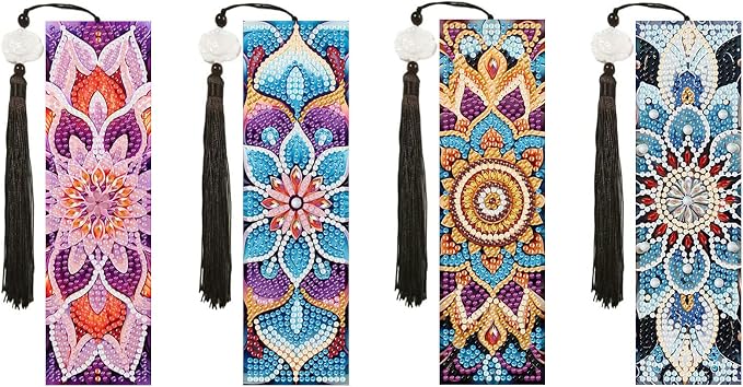 Mandala Diamond Art Bookmarks for Adults, 4 PCS Mandala Diamond Painting Bookmarks with Pendant, 5d Gem Art, Acrylic Easy DIY Crafts for Books Decor Gift