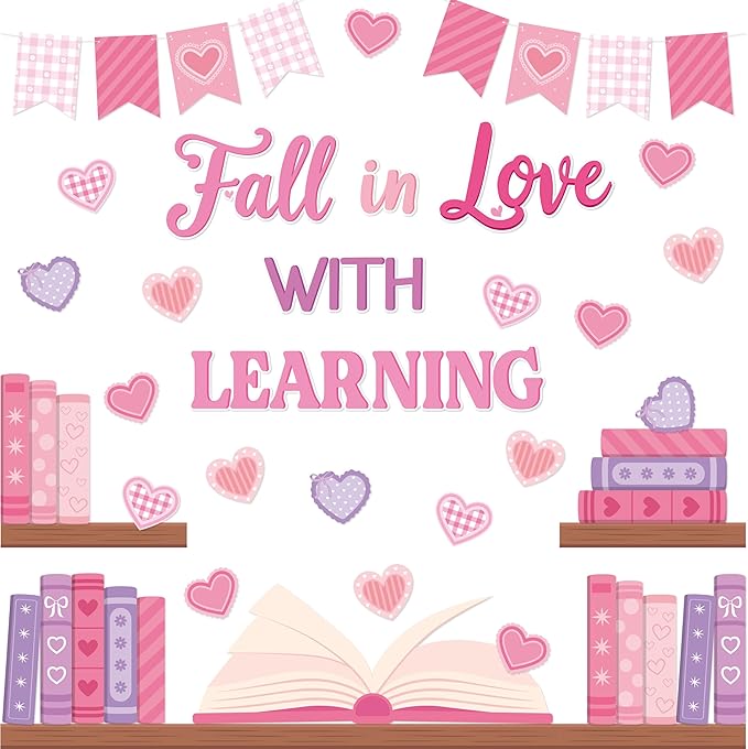 TICIAGA Pink Heart Book Learning Bulletin Board - 62Pcs Valentines Bookshelf Fall in Love with Learning Pink Heart Cutout Border Book Flag Banner for February School Library Classroom Wall Decor