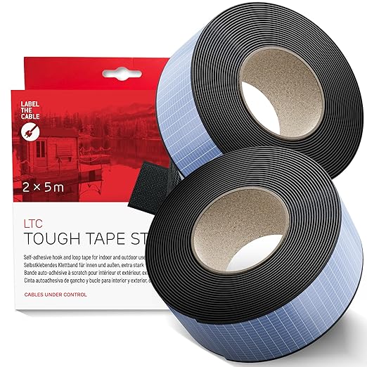 Tough Tape Strap – Self-Adhesive Hook and Loop Tape, Extra Strong 5m x 50mm 2-Pack – Hook and Loop Fastener roll with Permanent Adhesive (-40°C to 100°C) – Fastener Tape for Heavy Duty DIY (Black)