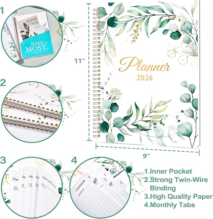 2026 Planner - 9" x 11", 2026 Planner Weekly and Monthly, from JAN. 2026 to DEC. 2026, Calendar Planner 2026 with Tab, Twin-Wire Binding, Inner Pocket