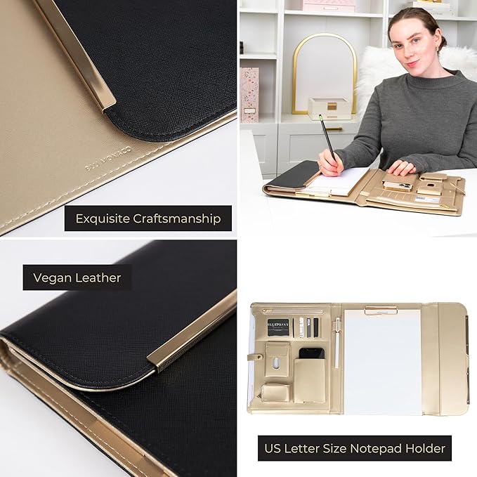 BLU MONACO | Black Vegan Leather Portfolio Binder for Women | Professional Padfolio with Magnetic Closure & Gold Trim | Business Organizer Case for Documents & 8.5 x 11 Notepad