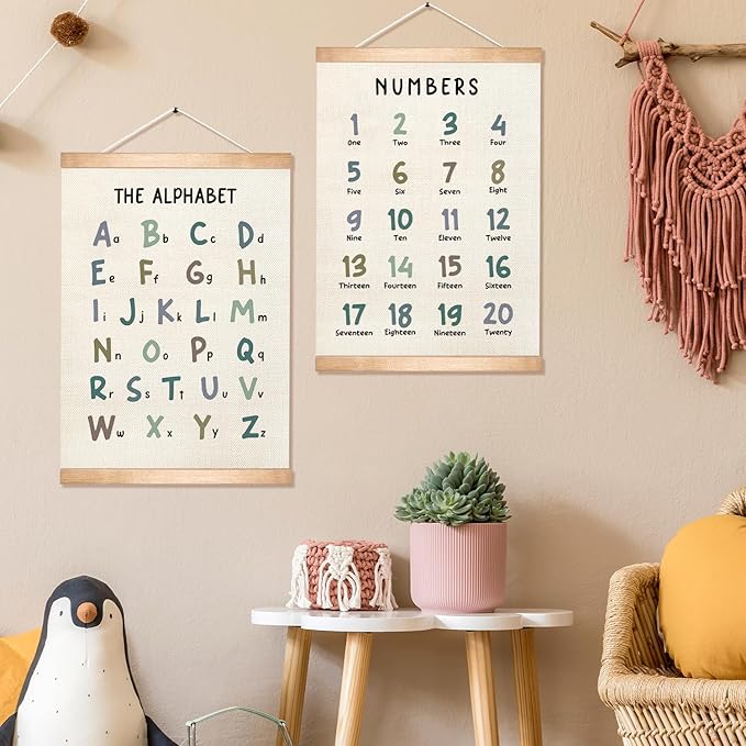 HEYJEEPER Alphabet and Numbers Learning Posters Set of 2,18.5x14 Inch Linen&Canvas Educational Wall Art with Wood Hanger, ABC 123 Chart for Toddlers Classroom Nursery Playroom Decor (Colored Font)
