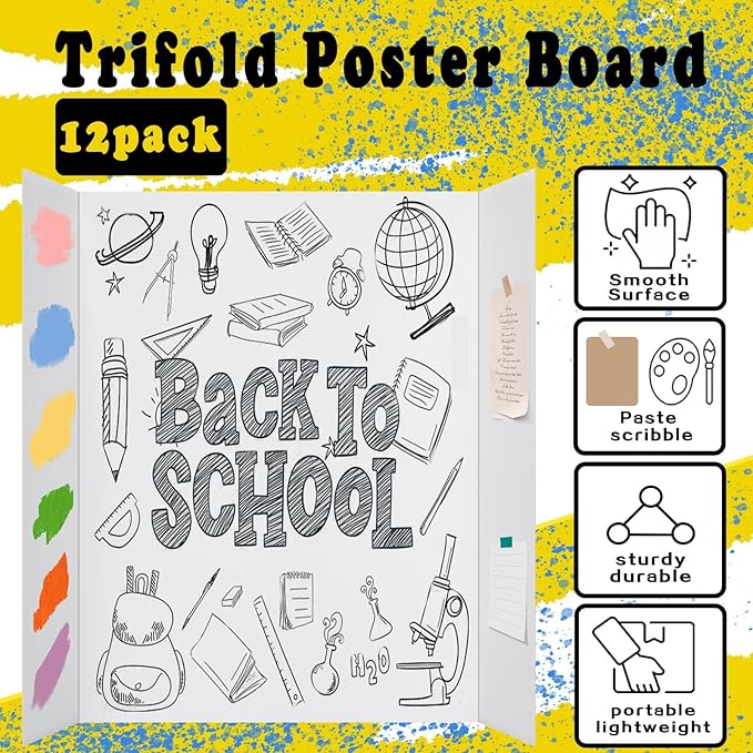 12 Pcs Small Trifold Poster Board, 21.4" x 14" Presentation Board, with Double Sided Tapes and Cardboard, White Corrugated Project Boards/Display Board for School Project/Science Fair Display Boards