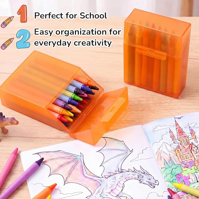 Clabby 4 Pcs Plastic Crayon Organizer Case for 24 Count Crayons Kids Art Supply Storage Box with Lid, Portable Holder for Classroom Home Travel, Fits Standard 24-Pack Crayon (Orange)