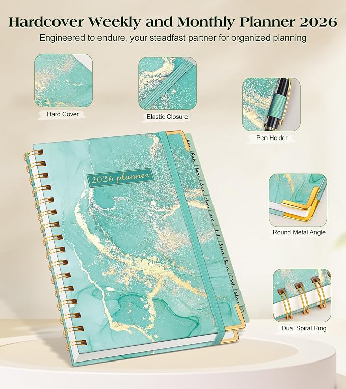 2026 Planner, Hardcover Weekly and Monthly Planner for Women, January 2026 - December 2026, Spiral Yearly Agenda Organizer Book 2026 with Tabs, Daily Calendar Planners for School Work Home, A5 (5.75" x 8.38"), Teal Marble