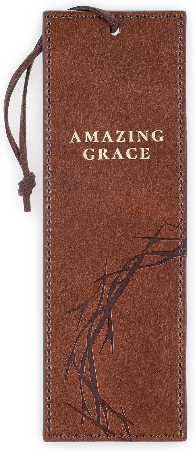 Christian Art Gifts Premium Vegan Leather Inspirational Scripture Bookmark for Men & Women: Amazing Grace, Crown of Thorns Design, Motivating Scripture, Durable Cord, Reading Accessory, Brown & Gold