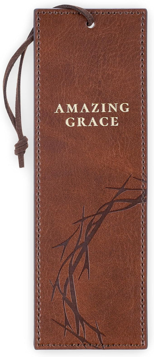 Christian Art Gifts Premium Vegan Leather Inspirational Scripture Bookmark for Men & Women: Amazing Grace, Crown of Thorns Design, Motivating Scripture, Durable Cord, Reading Accessory, Brown & Gold