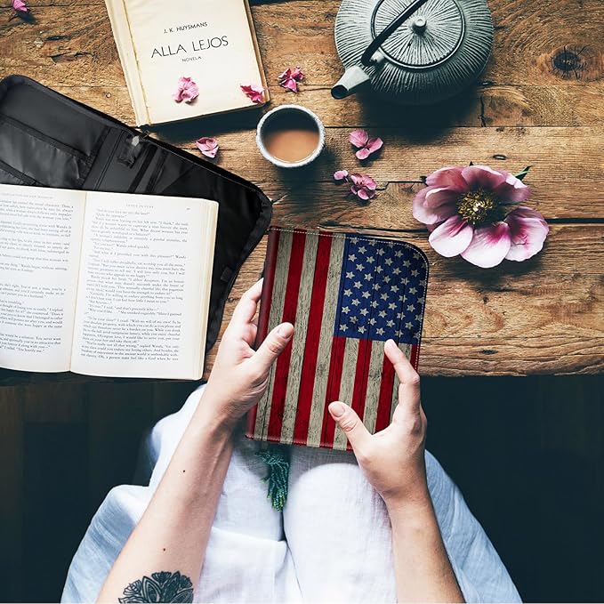 Bible Cover for Men,Large Leather Bible Case Fit Book Up to 11x8x2 Inch,Retro American Flag Bible Covers Bible Study Carrier Church Bags w/Handle & Zipper