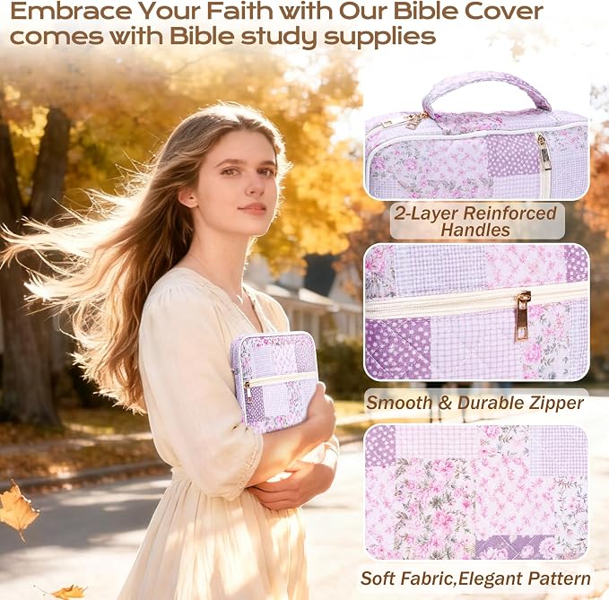 XKDOUS Bible Cover for Women Church Book Holder Quilted Carrying Case with Handle, Tabs, Study Supplies Portable Bible Bag Journaling Kit Christian Gifts for Mom Lady