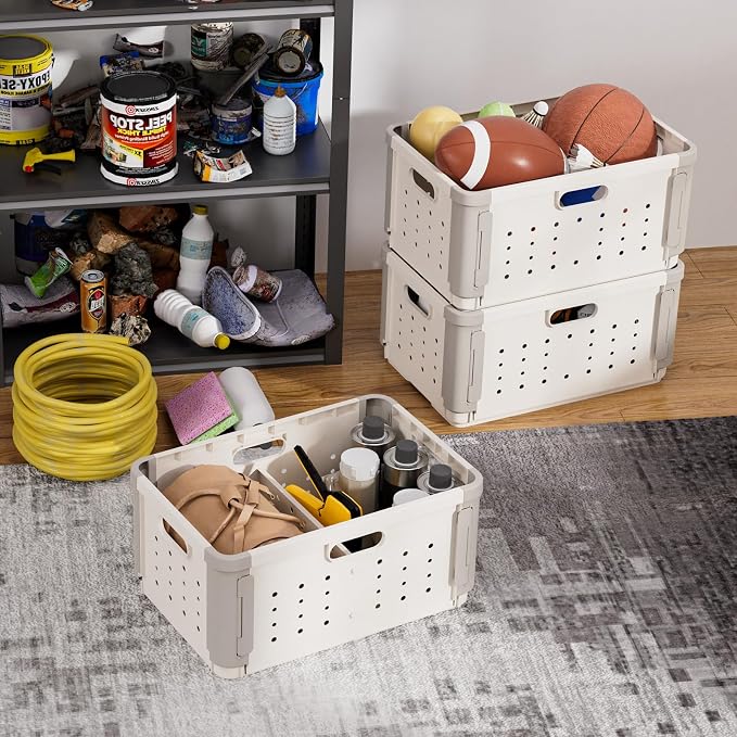 Plastic Folding Storage Baskets 2 Section, 42L Collapsible Storage Crates with Handles, Stackable Heavy Duty Versatile Box Organizers for Clothes, Books, Snacks, Shoes and Grocery - 2 Pack