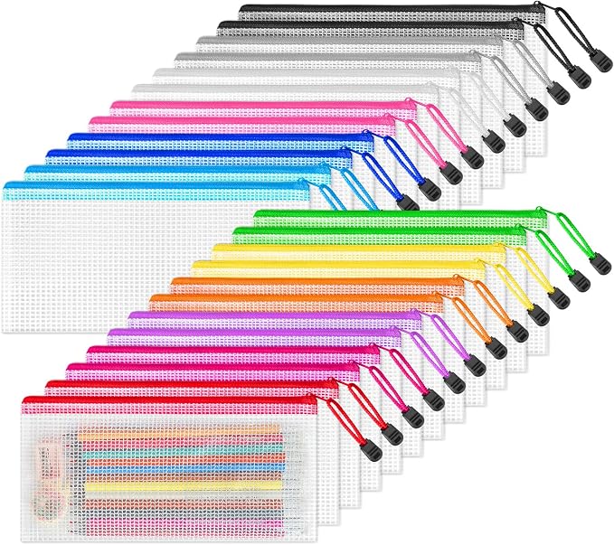 24 Pack Pencil Pouch Bulk, 9.5" x 4.5"Mesh Zipper Pouch Pencil Case, 12 Colors Waterproof Small Zipper Pouches for School Supplies Storage, Travel, Cash, Cosmetics, Office Organization