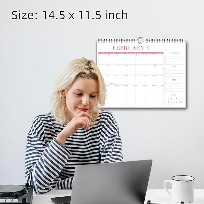 Aesthetic Wall Calendar 2026, 12 Monthly Horizontal Calendar January 2026 to December 2026, 14.5" x 11.5" Modern Wall Hanging Calendar for School, Home, Office for Monthly Organizing & Planning