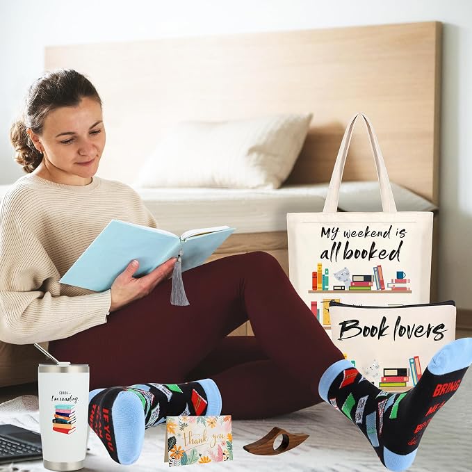 Kolewo4ever 11 Pieces Book Lovers Gifts Box Set Insulated Tumbler,Tote Bag,Makeup Bag,Socks,Keychain,Bookmark,Flipper
