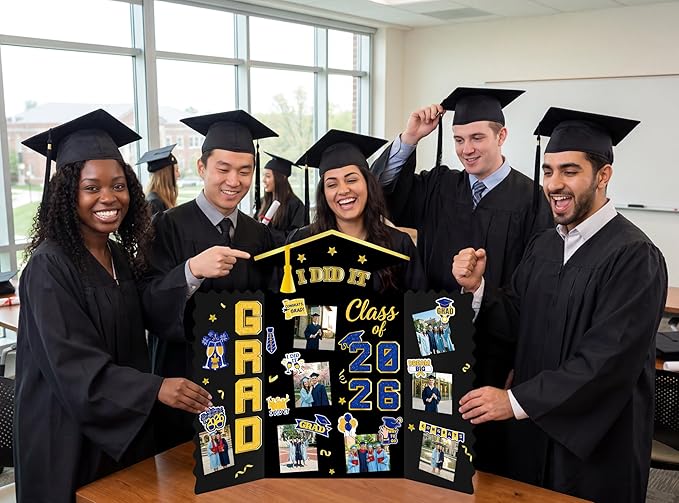 Moon Boat 5 Pack Graduation Decorations 2026 Trifold Poster Boards with Stickers Class of 2026 Grad Party Picture Display Supplies(Blue Gold)