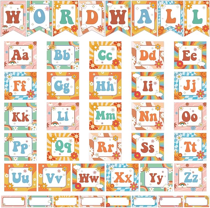 Groovy Bulletin Board Decorations Retro Classroom Decor Word Wall Bulletin Board Set Groovy Themed Wordwall Letters Summer Hippie Daisy Cutouts for Elementary Preschool Back to School Wall Supplies