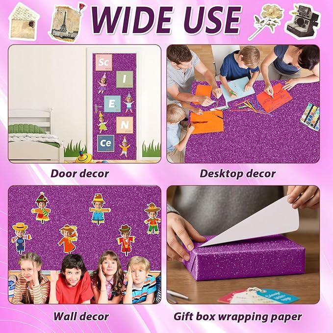 Qyeahkj 17in x 20ft Glitter Bulletin Board Paper Roll Bulletin Board Background Paper Fade Resistant Classroom Decoration Poster Art Craft Home Wall Education Decor Supplies Purple