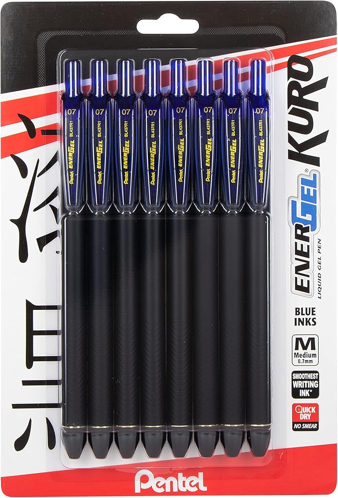 Pentel EnerGel Kuro Liquid Gel Pen, (0.7mm) Medium line, Blue Ink, 8 Pack