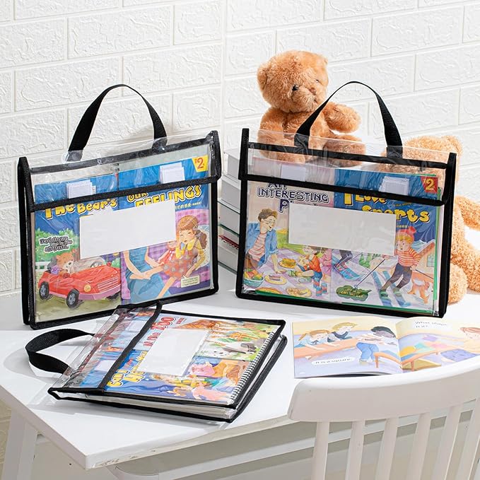 Teling 6 Pack Thick Clear Book Pouches with Blank Name Tags and Handles Book Baggies Bags Bins Organizer for School Classroom Library Pockets Students (14 x 11 Inch,Black)