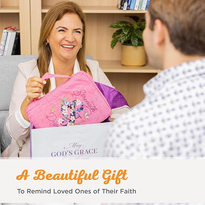 Christian Art Gifts Polyester Canvas Bible Cover for Women w/Zippered Pocket & Pen Storage: Strength & Dignity - Proverbs 31:25 Inspirational Bible Verse Carry Case, Pink Butterfly Floral, Large