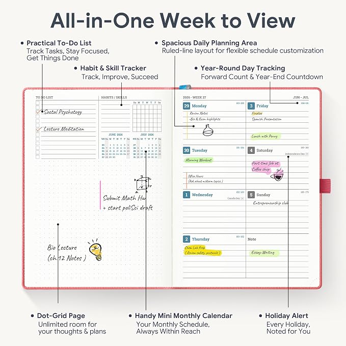 Weekly Planner 2026-2027 A5 (6.5" x 8.5") 12 Months (Jul'26 - Jun'27) Weekly & Monthly Planner with Month Tabs & Inner Pocket, Expenses/Note Pages, PU Leather Pink