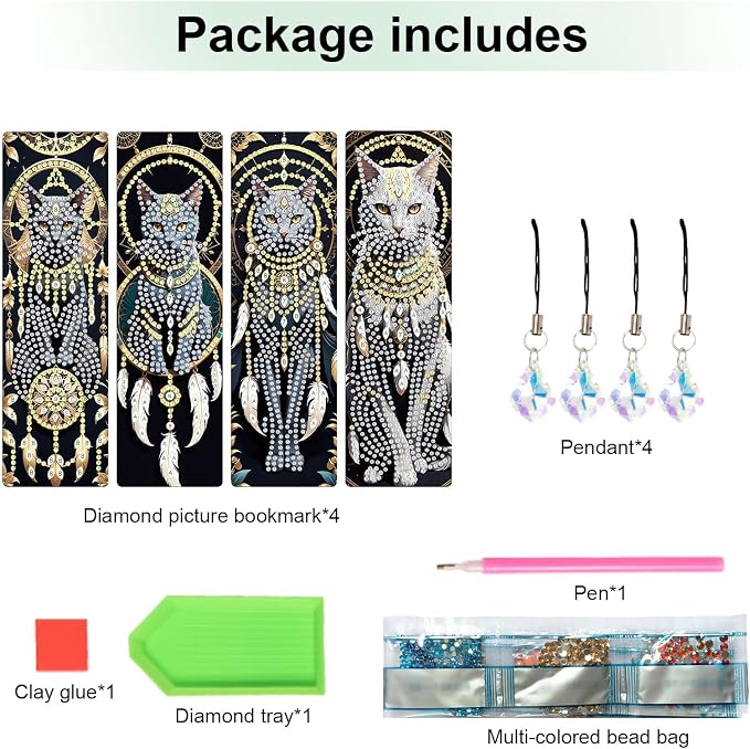 4-Piece Dreamcatcher Cat Diamond Painting Bookmarks Set for Adults – DIY 5D Rhinestone Art Bookmark Kits with Tassels, Beautiful Diamond Art Bookmarks for Crafts and Gifts