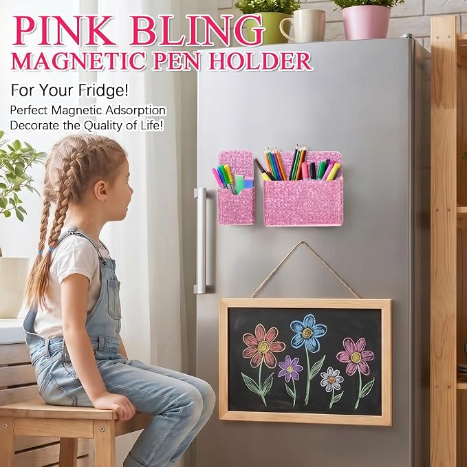 MotiMind 2 Pcs Pink Bling Magnetic Marker Holder Women Girl Locker Accessories Marker Pen Pencil Holder for Refrigerator Whiteboard Sparkly Gift Desk Organizer for School Office (Rhinestone)