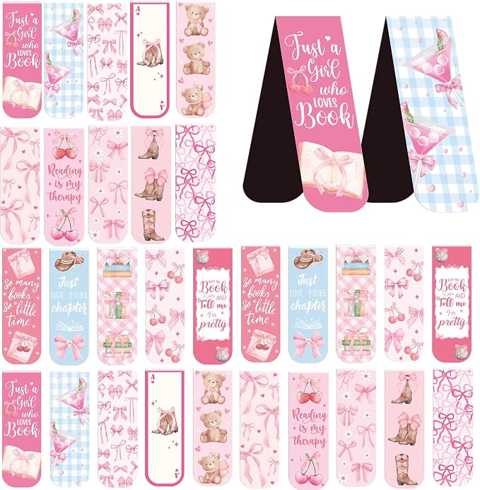 Pink Bow Magnetic Bookmarks Gifts: 30 Pcs Cute Girly Magnet Bookmark Clips with Bear Cherry Reading Quotes, Pretty Book Marks for Women Girls, Gift for Readers Book Lovers School Office Supplies