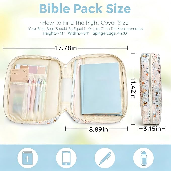 MATMO Bible Bag Cover Case for Women Bible Carrying Bag with Handles Bible Study Supplies & Accessories Christian Gifts for Women (Flower)
