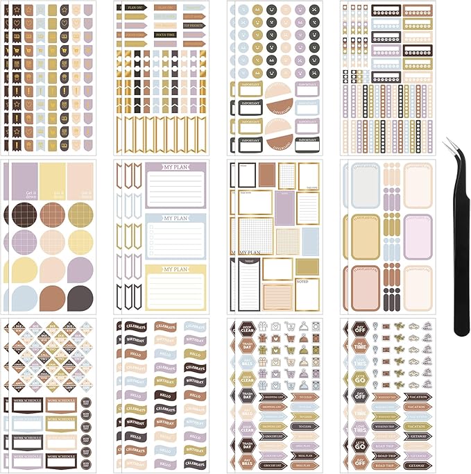 Ctosree 24 Sheets Functional Planner Stickers with Elbow Tweezer Mixed Metallic Functional and Elegant Stickers for Planners Notebooks Budgeting (Neutral Color)