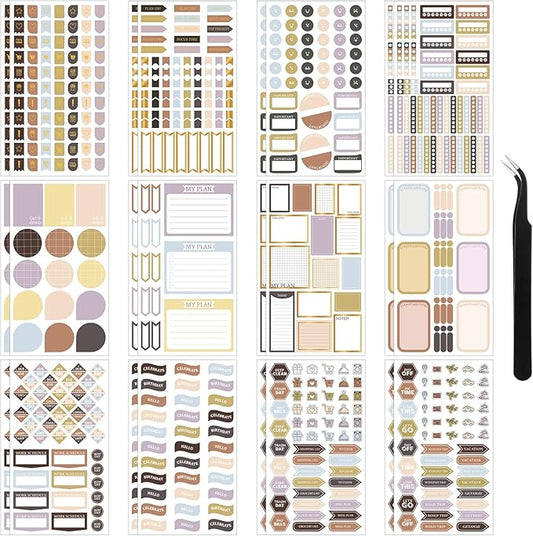 Ctosree 24 Sheets Functional Planner Stickers with Elbow Tweezer Mixed Metallic Functional and Elegant Stickers for Planners Notebooks Budgeting (Neutral Color)