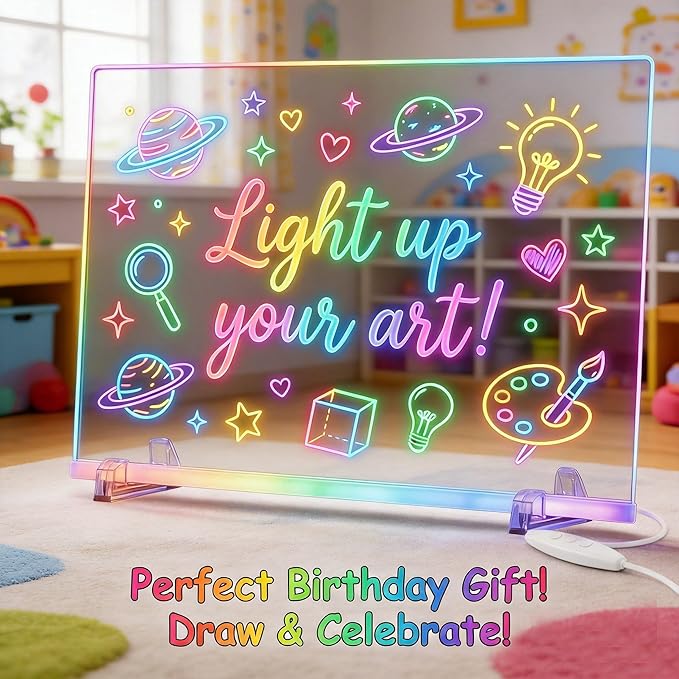 LED Light-Up Note Board with 7 Colors, 13"x10" Drawing Tablet for Kids, Includes Markers, Adapter, Cleaning Cloth & Hanging Chain, Reusable Dry Erase Message Board, Greeting Card,Gifts for Kids Age 3+