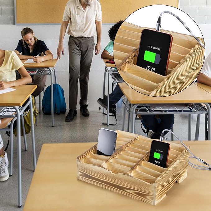 Lawei 24 Grid Wooden Cell Phones Storage Box, Desktop Mobile Phone Holder Caddy, Multi Classroom Cell Phones Organizer for School, Office, Meeting Room, Cell Phone Rack Display, No Assembly