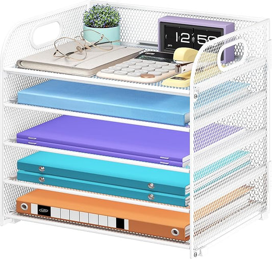 Cawukege 5 Tier Paper Organizer with Handle, White Metal Mesh Desk Organizer File Folder Paper Letter Tray Desktop Document Sorter for Classroom, School, Office Accessories Organization and Storage