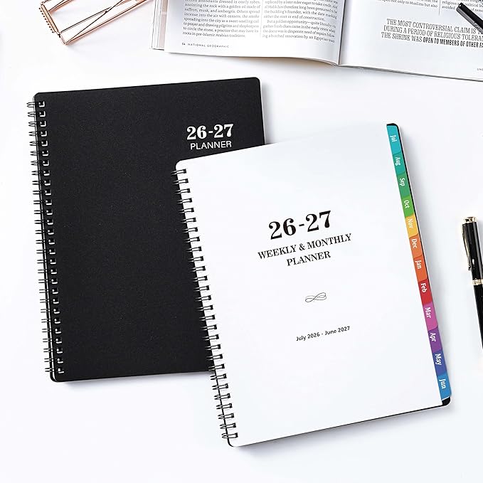 2026-2027 Planner - 8” × 10”, 2026-2027 Planner Weekly and Monthly, from JUL.2026 to JUN. 2027, Premium Paper, Twin-wire Binding, Check Box, Coated Monthly Tabs, for Productive Life