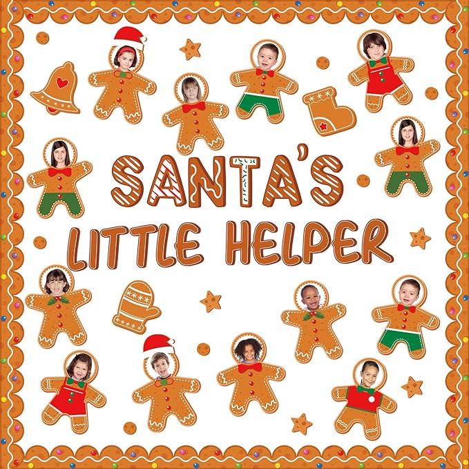 QOUBAI Christmas Bulletin Board Decoration Xmas Gingerbread Man Paper Cutouts DIY Photo Crafts Christmas Stocking Bulletin Board Set for Winter Holiday Classroom Wall Door Decor Home School Supplies