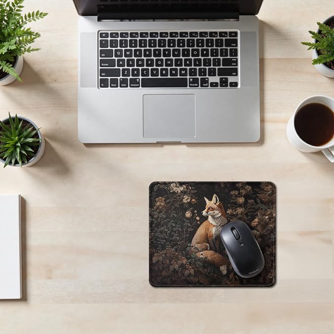 Vintage Moody Floral Fox Mouse Pad, Fox Lover Gifts, Dark Cottagecore Botanical Forest Animal Mouse Pad for Home Office Dorm Computer Laptop Desk Accessories, 9.5x7.9 Inch