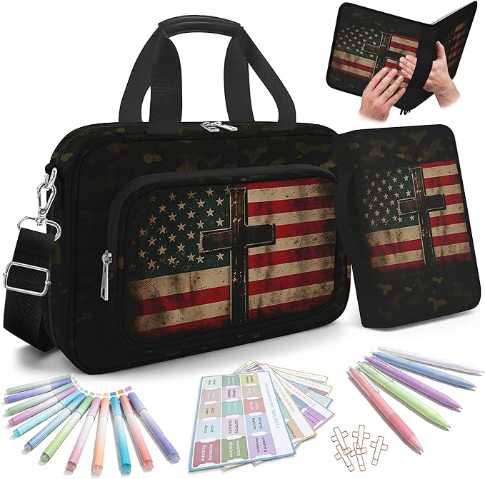 Flag Cross Large Bible Bag for Men with Bible Case, Bible Cover Study Supplies Journaling Kit Book Carrying Case with Highlighter Tabs, Christian Gift for Women Men - American Camouflage
