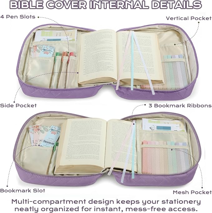 XKDOUS Quilted Bible Cover Case with Bible Study Accessories Kit, Waterproof Large Capacity Bible Bag for Women, Portable for Church Study, Multiple Morandi Color Options (Dusty Lavender)