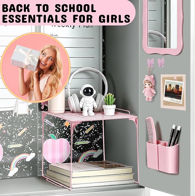 16 Pcs Locker Accessories Kit, School Locker Organizer Set with Shelf, Magnetic Mirror, Pen Holder, Whiteboard Marker, Plush Rug and Wall Decals (Pink)