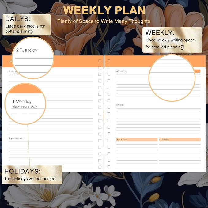 CAGIE 2026 Planner Weekly and Monthly, Jan-Dec 2026 8.3 x 9.3 Inch Hardcover Spiral Bound, 13 Tabs and Pocket, Floral Daily Planner for Women, Perfect 2026 Yearly Calendar Planner