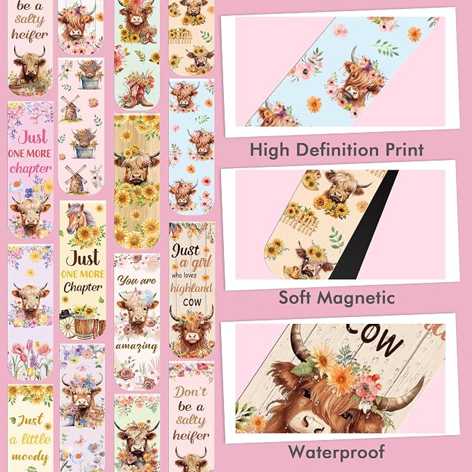Highland Cow Magnetic Bookmarks: 30 PCS Cute Animal Bookmark Clips, Floral Design Cow Book Marks for Reading, Gifts for Women Girls Cow Lovers, Bookish Supplies for Kids & Adults