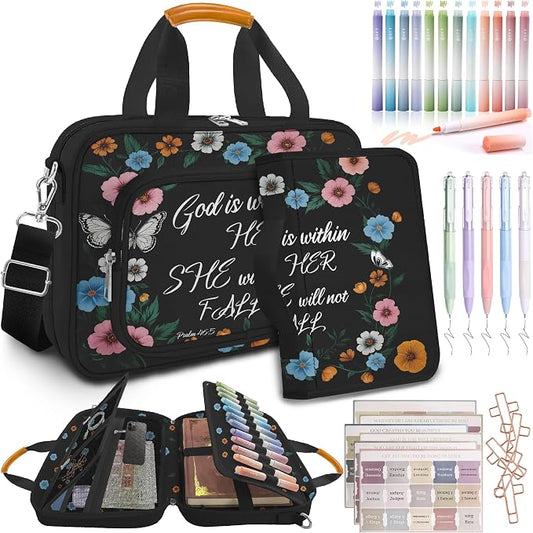 Butterfly Floral Bible Cover Case for Women,Large Boho Church Bag,Bible Bags for Women Organizer,Bible Study Supplies Journaling Kit Book Carrying Case with Bible Highlighters Shoulder Strap