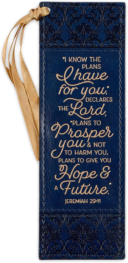 Christian Art Gifts Navy Blue & Gold Premium Vegan Leather Scripture Bookmark for Women: I Know the Plans - Jer. 29:11 Inspirational Bible Verse w/Dark Golden Satin Ribbon & Debossed Floral Design