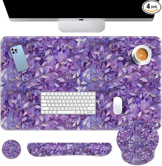 Britimes Purple Oil Painting Leaves Keyboard Mouse Pad Set Plant 4in1 Large Mousepad+Keyboard Wrist Rest+Mouse Wrist Rest+Coaster Ergonomic Design for Home Office Computer 35.4x15.7 inches