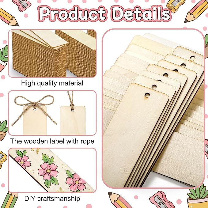 Cididu 150 Pieces Wood Blank Bookmark, DIY Wooden Craft Bookmark with Ropes | Unfinished Hanging Gift Tags Ornaments, Rectangle Crafts Blank for Wedding Birthday Party Decor Christmas , 4.7'' x 1.3''