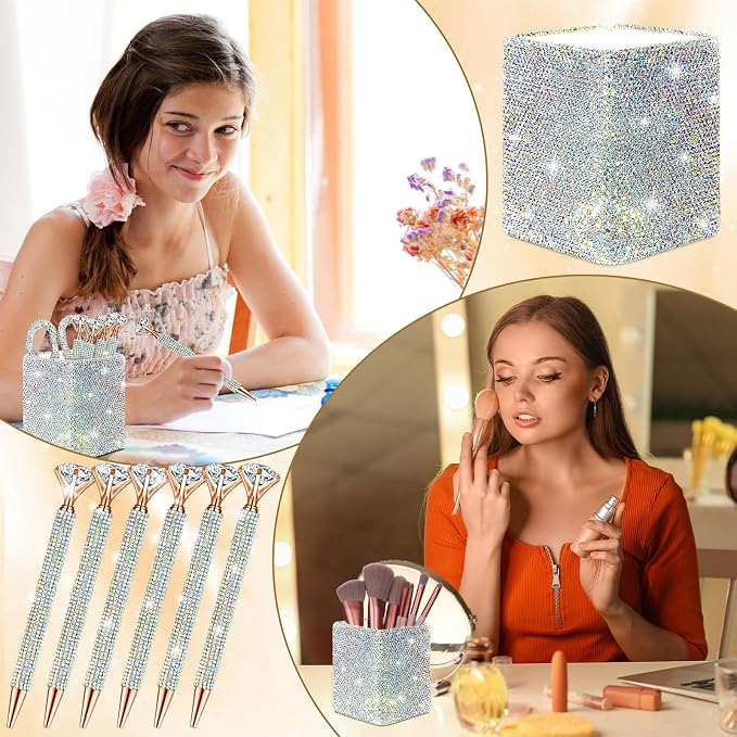 Qilery 8 Pcs Bling Desk Accessories Gift with 1 Bling Pen Holder 6 Pcs Crystal Rhinestone Pens 1 Crystal Scissors Glitter Makeup Brush Holder Valentines Gift Vanity Decor Organizer(Multicolor)