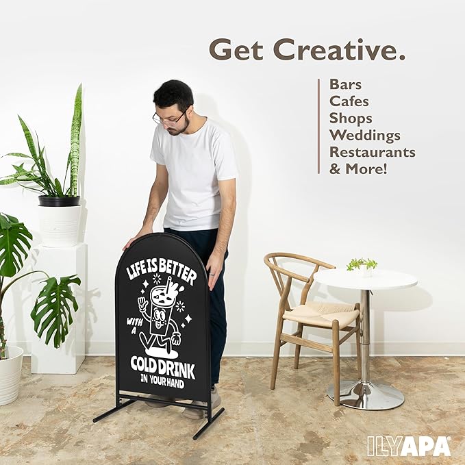 Ilyapa Metal Double Sided Swinging Chalkboard Sign - 21x35 inch Magnetic Sidewalk Sign - A Frame Chalkboard Alternative Menu Board for Restaurant