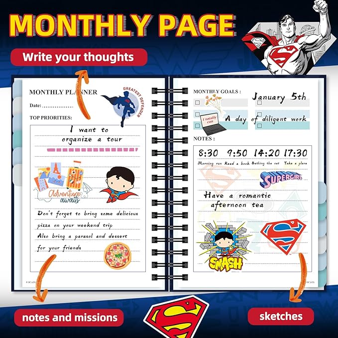 Superman Planner 2026, Superhero Weekly/Monthly Planner with Tabs, Hardcover Calendar Planner Monthly Agenda Spiral Notebook for Teacher Student Organizer Supplies (Plan D)