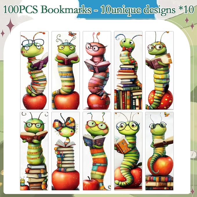 Wxiben Whimsical Bookworm Bookmarks Gifts - 100 Pcs Worms Reading Paper Bookmarks Double Sided Funny Insect Book Markers Page Clip Gift for Women Men Teachers Office Book Lovers Bookish Supplies
