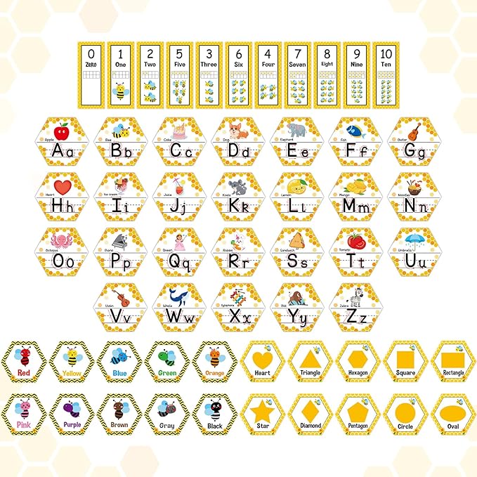 Bee Themed Alphabet Number for Classroom Wall Honeycomb Bulletin Board Manuscript Educational Cards ABC Letters Numbers Shapes Colors Poster for Preschool Elementary Early Learning Decor